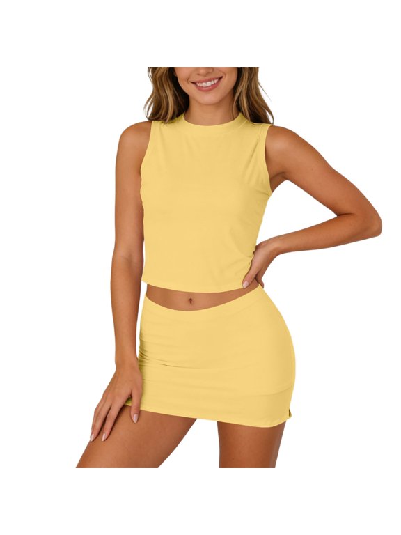 Womens Skirt Sets Summer Going Out Sexy Stylish Matching Sets Sleeveless Mock Neck Rib Tops And Bodycon Mini Skirt Casual Outfits