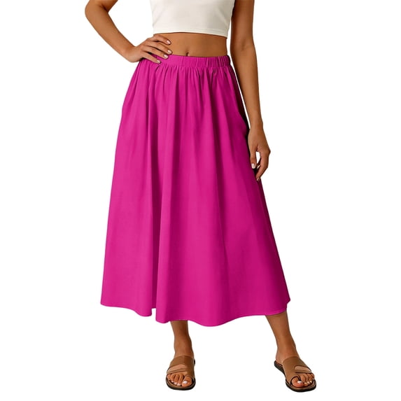 Bibifish Womens Skirts A Line Flowy Midi High Waisted Skirts Elastic Solid Summer Beach Vacation Coastal Outfit Skirts