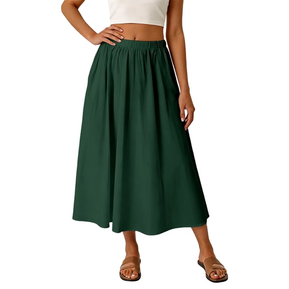 Bibifish Womens Skirts A Line Flowy Midi High Waisted Skirts Elastic Solid Summer Beach Vacation Coastal Outfit Skirts