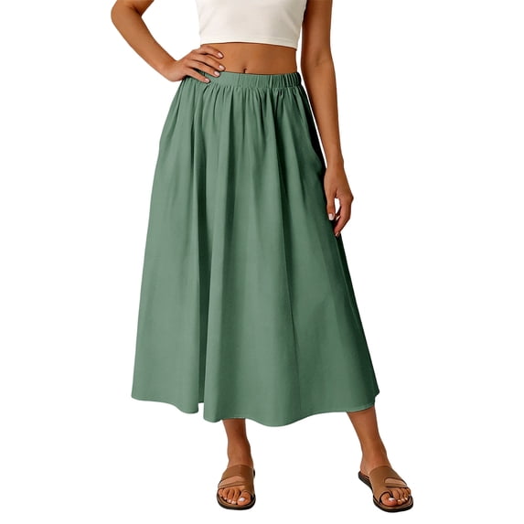 Bibifish Womens Skirts A Line Flowy Midi High Waisted Skirts Elastic Solid Summer Beach Vacation Coastal Outfit Skirts