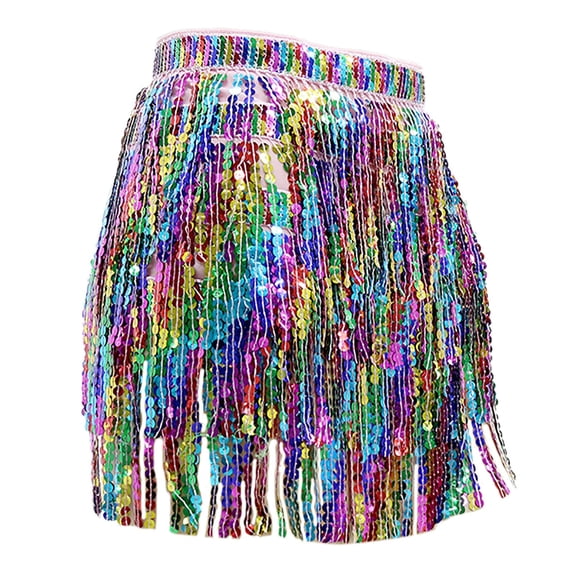 Bibifish Womens Skirts Belly Dance Sequin Fringe Skirts Colorful Tassel Waist Drawstring Stage Performance Dance Glittery Skirts