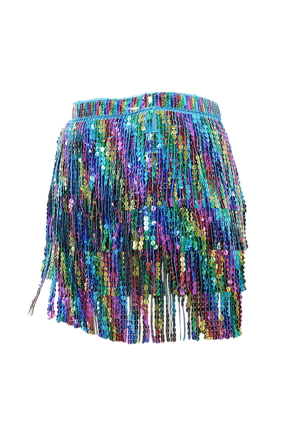 Womens Skirts Belly Dance Sequin Fringe Skirts Colorful Tassel Waist Drawstring Stage Performance Dance Glittery Skirts