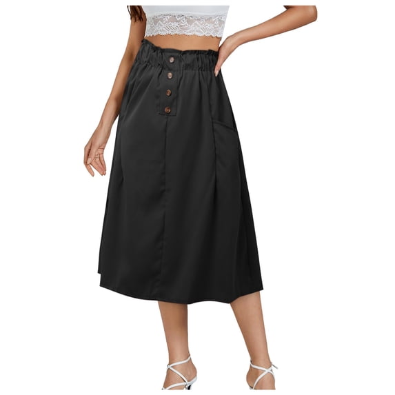 Bibifish Womens Skirts Button Decor Sweet A Line Midi Skater Skirts Elastic Waist Daily Casual Trendy Wear Skirts