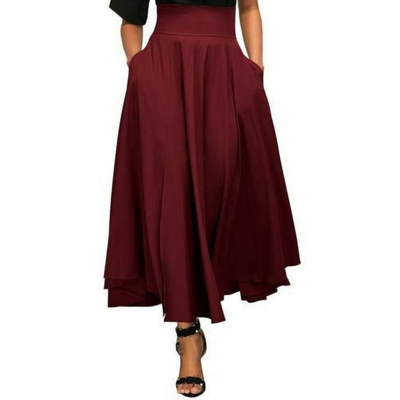 Bibifish Womens Skirts Casual A-Line Skirt High Waist Skirts Ankle Length Skirts Solid Color Soft Flowy Swing Pleated Beach Skirts