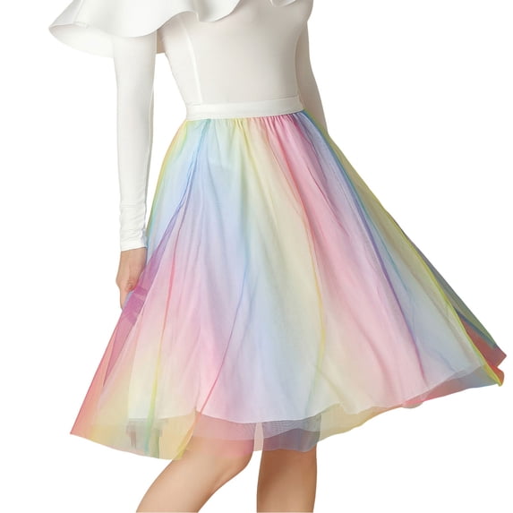 Bibifish Womens Tulle Skirts Pleated Gradient Color Mesh A-Line Midi Skirts Tulle Flowy High Waist Slim Fit Casual Daily Wear Skirts