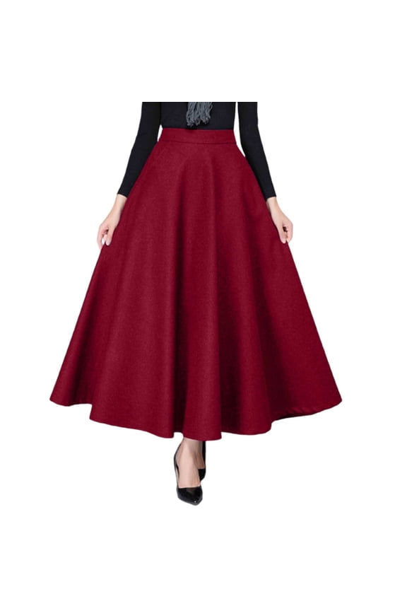 Womens Skirts Fall Winter Warm Wool Blend Midi Long Length Big Flared Loose Fit Daily Casual Street Fashion Trendy Stylish Skirts