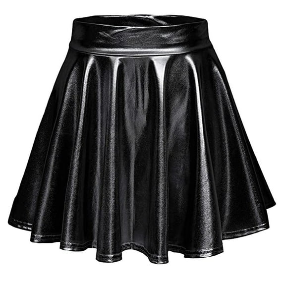 Bibifish Womens Skirts Leather Stage Solid Color Pleated High Waist Shiny Dazzling Performance Skirts