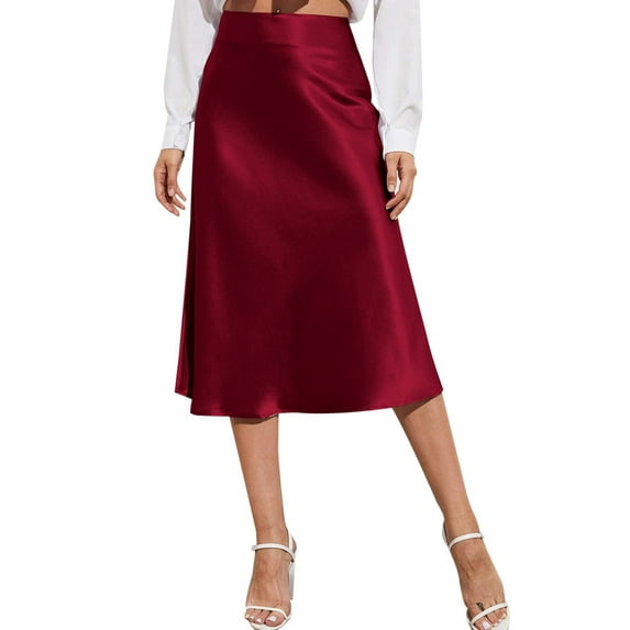 Bibifish Womens Skirts High Waisted Solid Color Midi Satin Skirts Zipper Up Elegant Flowy Skirts Ladies Workout Trendy Outfits
