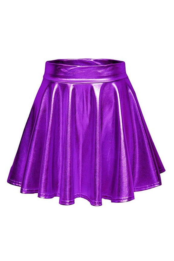 Womens Skirts Metallic Sparkle Shiny Dance Disco Flared Pleated A-Line Mini Skater Skirts High Waist Stree Style Costome Skirts