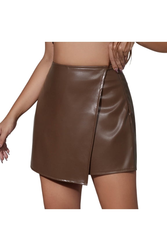 Womens Skirts Sexy Flutter Panel Pu Skorts High Waisted Zipper Closure Bodycon Fit Casual Street Fashion Trendy Stylish Skirts