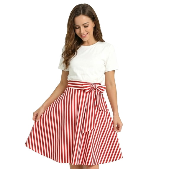 Bibifish Womens Skirts Striped Apron High Waist Pleated Skirts Loose Fit A Line Stylish Delicate Daily Wear Half Apron Skirts