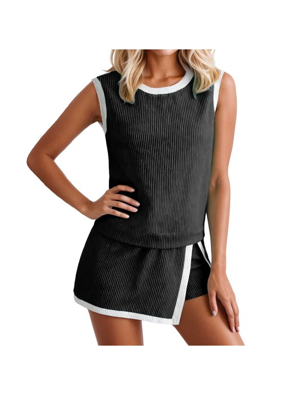 Womens Skort Sets Ribbed Knit Sleeveless Tops With Skort Two Piece Sets Summer Casual Vacation Matching Sets