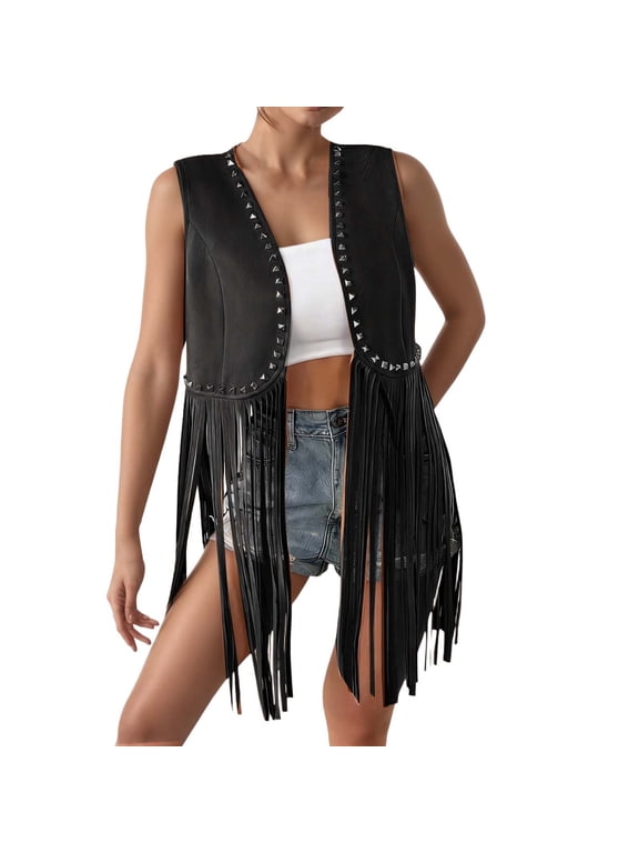 Bibifish Womens Sleeveless Western Style Fringe Tassel Open Front Vest Cardigan