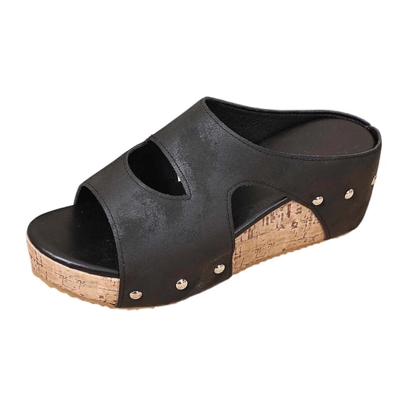 Bibifish Womens Slide Sandals Leather Hollow Wedge Thick Sole Mule Sandals Non Casual Beach Shoes