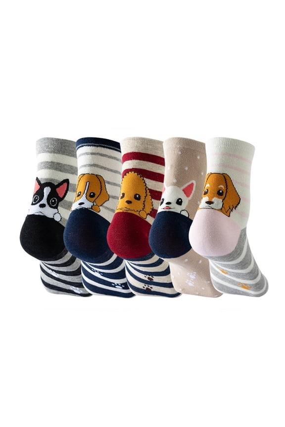 Womens Socks 5 Pairs Cute Dog Series Crew Sock Sets Funny Cartoon Pattern Soft Fall Winter Daily Wear Mid Tube Sock