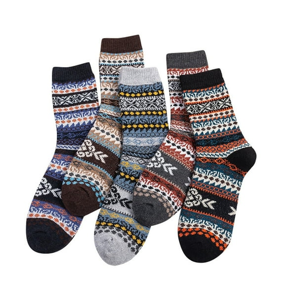 Bibifish Womens Socks 5 pairs Knit Mid Calf Socks Retro Double Layer Winter Warm Thick Thermal Crew Socks Breathable Colorful Stripe Socks For Ladies