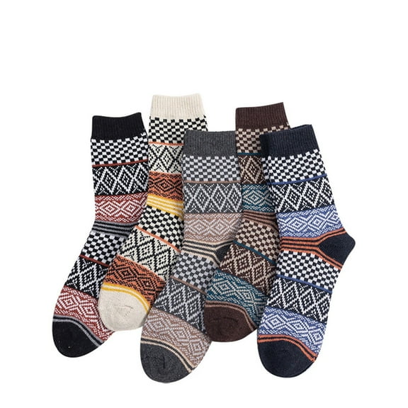 Bibifish Womens Socks 5 pairs Knit Mid Calf Socks Retro Double Layer Winter Warm Thick Thermal Crew Socks Breathable Colorful Stripe Socks For Ladies