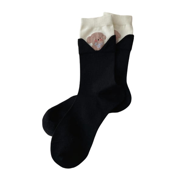 Bibifish Womens Socks Cartoon Animal Pattern Mid Socks Double Ribbed Foldable Novelty Socks Cute Dog Printed Crew Socks For Ladies
