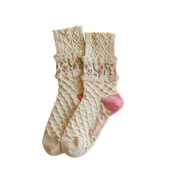Bibifish Womens Socks Casual Vintage Floral Socks With Tulip Print Cute Ruffle Slouch Socks Above Ankle Socks For Ladies And Girls