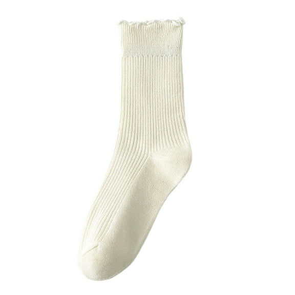 Bibifish Womens Socks Double Needle Mid Calf Socks With Lace Trim Soft Solid Color Striped Ruffle Crew Socks For Girls And Students