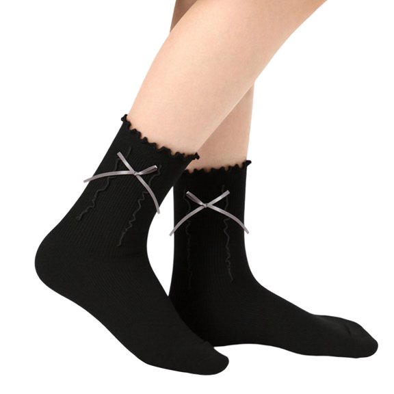 Bibifish Womens Socks Solid Color Cute Ruffled Cuff Socks With Lace Bow Design Cozy Daily Wear Above Ankle Socks For Ladies And Girls