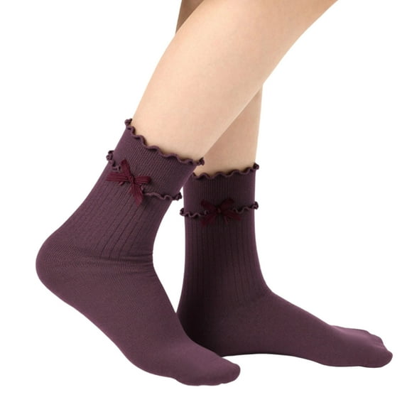 Bibifish Womens Socks Solid Color Socks Cute Ruffled Cuff Socks With Lace Bow Design Soft Stretchy Daily Wear Socks For Ladies And Girls