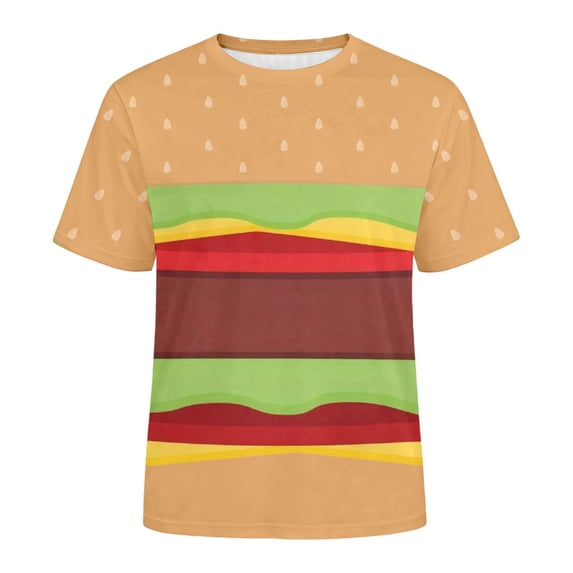 Bibifish Womens Solid T-Shirts Summer Short Sleeve Crew Neck Playful Full Print Hamburger Layer Graphic Tee Easy Everyday Wear Casual Tops
