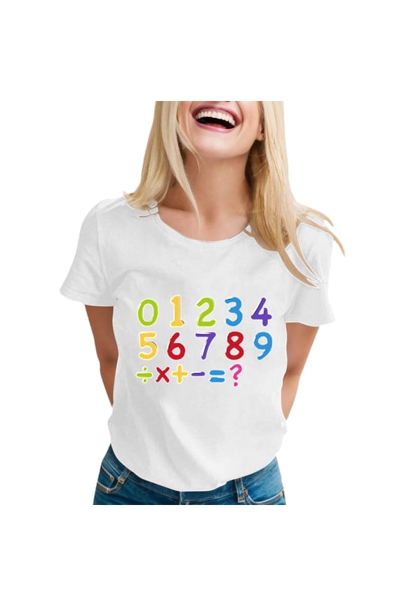 Womens Solid T-Shirts Summer Short Sleeve Crew Neck Vibrant Math Number Learning Printed Tee Relaxed Everyday Wear Casual Tops