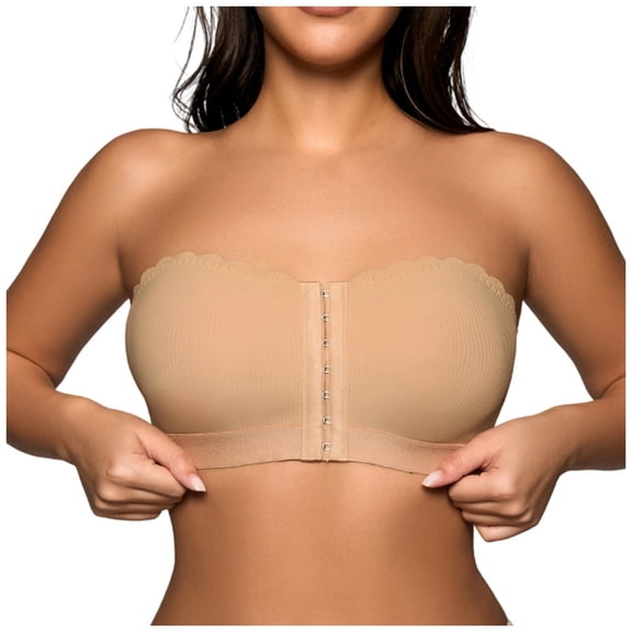 Bibifish Womens Strapless Bras Front Closure Scalloped Ribbed Everyday Bras Non Full Coverage Dress Party Bandeau