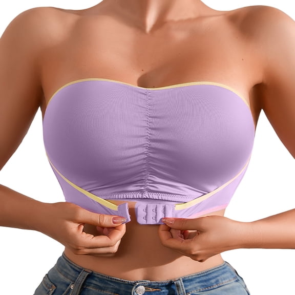 Bibifish Womens Strapless Bras Front Ruched Contrast Trim Bandeau Non Stretchy Tube Top Casual Beach Party Daily Bras