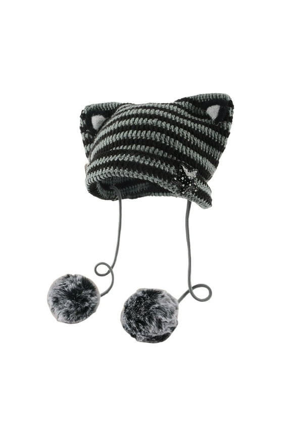 Womens Striped Knit Trapper Hat With Cat Ear & Pom Pom Decoration Stretchy Soft Warm Hat Fall Casual Outings Cute Stylish Hats