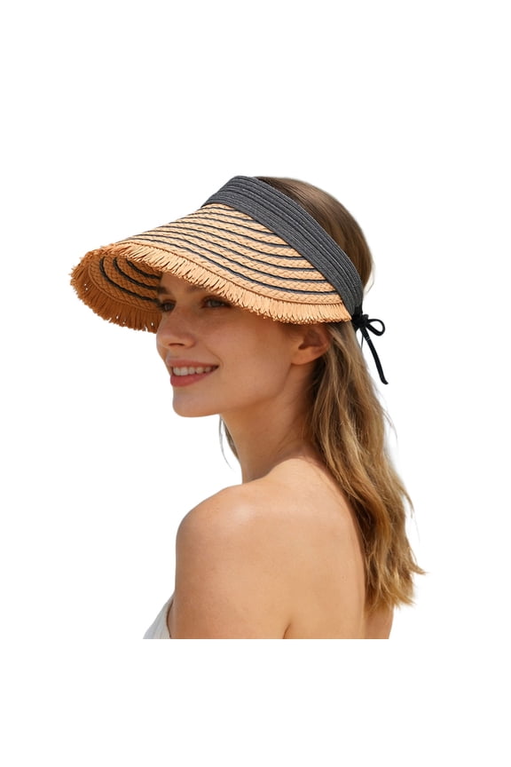 Womens Striped Straw Visor Large Brim Sun Hat With Bow Tie Foldable Beach & Vacation Sun Protection Hat