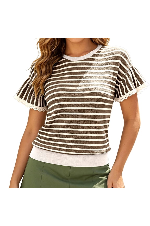 Womens Summer Striped T-Shirt Crew Neck Flutter Sleeve Textured Fitted Casual Printed Tee Everyday Wear Office Work Tops