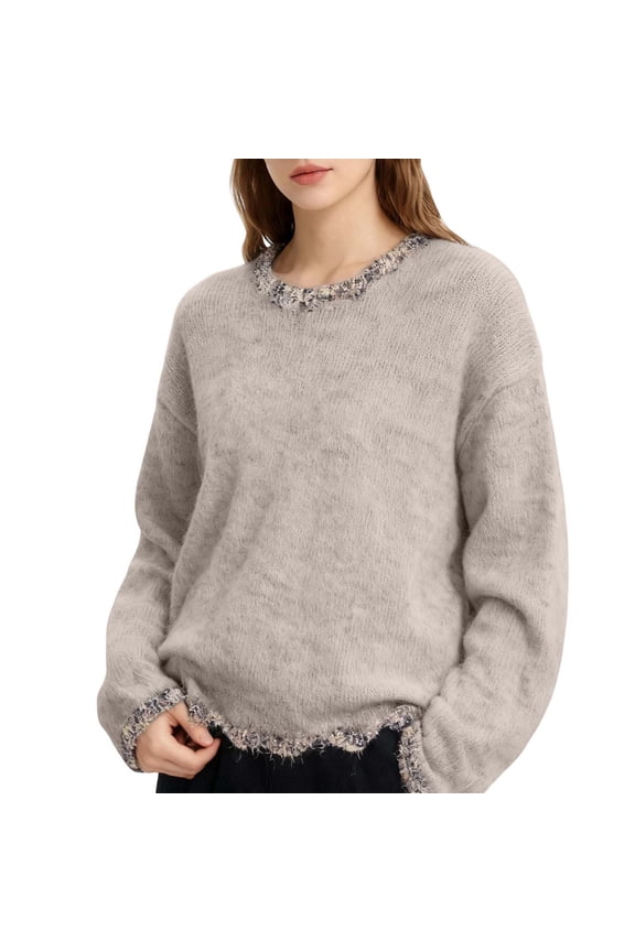 Womens Sweater Round Neck Soft Knit Sweater With Marled Yarn Trim Oversized Fit Office Casual Daily Wear Trendy Pullover Sweater