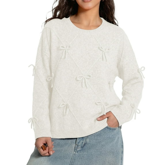 Bibifish Womens Sweater Solid Diamond Pattern Knit Sweater With Bow Detail Round Neck Loose Soft Casual Daily Outings Cute Pullover Sweater