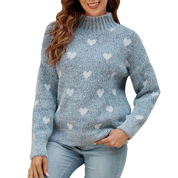 Bibifish Womens Sweaters Cute Heart Pattern Knitted Mid Neck Long Sleeve Sweaters Soft Loose Fit Basic Pullover Tops For Ladies