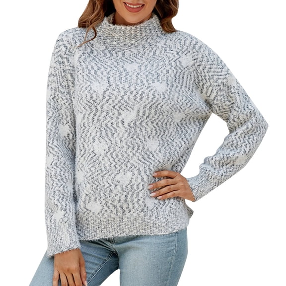 Bibifish Womens Sweaters Cute Heart Pattern Knitted Mid Neck Long Sleeve Sweaters Soft Loose Fit Basic Pullover Tops For Ladies