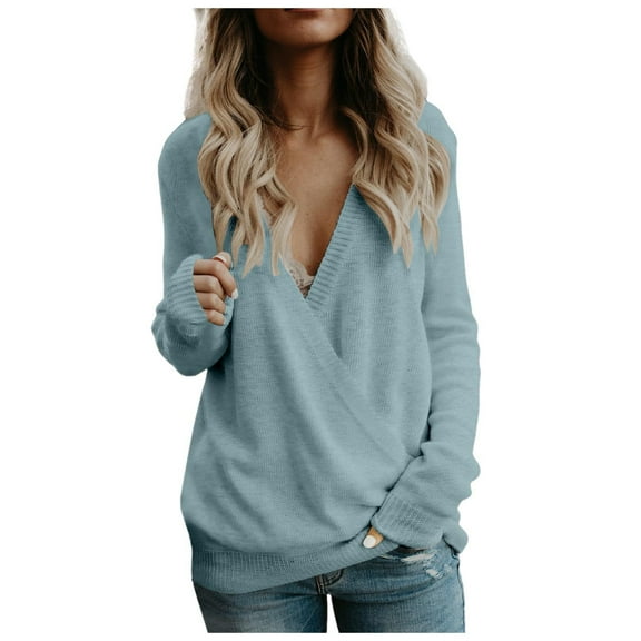 Bibifish Womens Sweaters Deep V Neck Long Sleeve Wrap Sweaters Loose Fit Knitted Pullovers Fall Winter Pullover Tops For Ladies