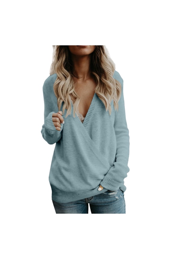 Womens Sweaters Deep V Neck Long Sleeve Wrap Sweaters Loose Fit Knitted Pullovers Fall Winter Pullover Tops For Ladies