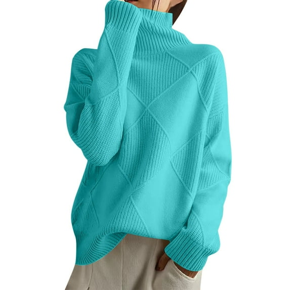 Bibifish Womens Sweaters Diamond Pattern Long Sleeve High Neck Knit Tops Autumn Winter Patchwork Thickened Loose Sweaters Base Sweaters