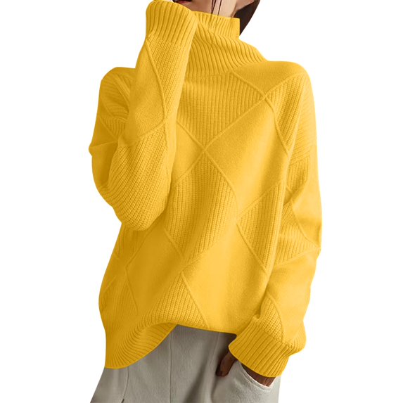 Bibifish Womens Sweaters Diamond Pattern Long Sleeve High Neck Knit Tops Autumn Winter Patchwork Thickened Loose Sweaters Base Sweaters