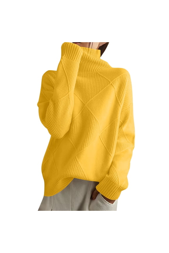 Womens Sweaters Diamond Pattern Long Sleeve High Neck Knit Tops Autumn Winter Patchwork Thickened Loose Sweaters Base Sweaters