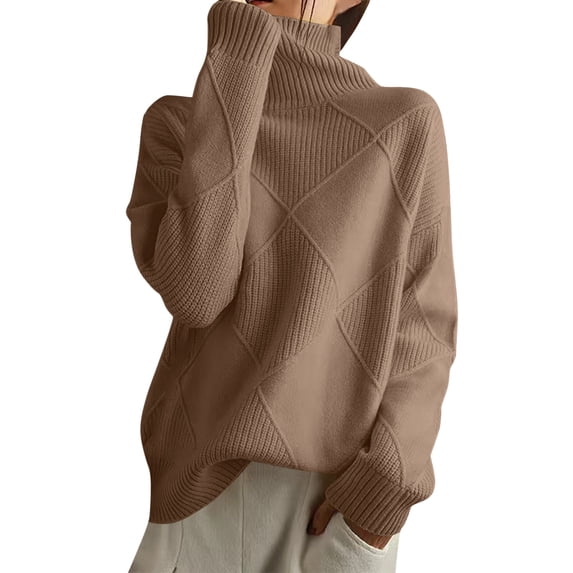 Bibifish Womens Sweaters Diamond Pattern Long Sleeve High Neck Knit Tops Autumn Winter Patchwork Thickened Loose Sweaters Base Sweaters