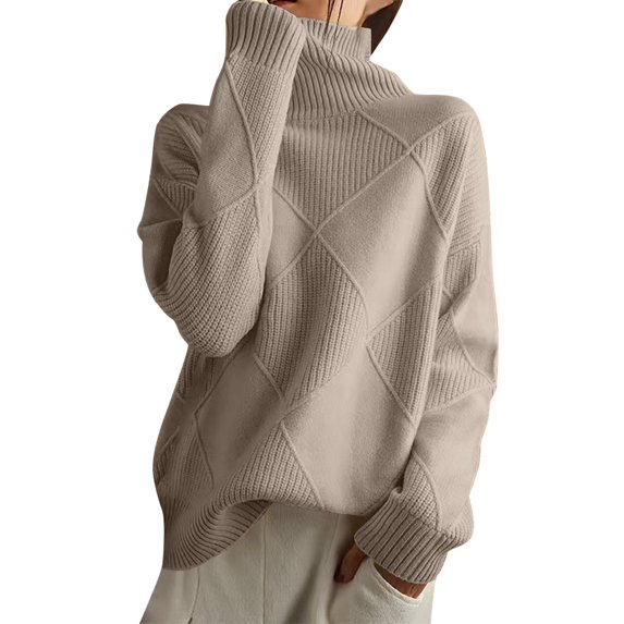 Bibifish Womens Sweaters Diamond Pattern Long Sleeve High Neck Knit Tops Autumn Winter Patchwork Thickened Loose Sweaters Base Sweaters