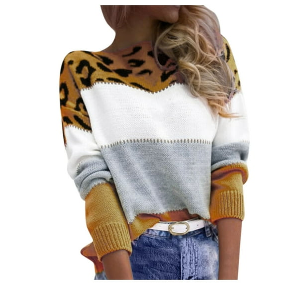 Bibifish Womens Sweaters Leopard Print Color Block Sweaters Autumn Winter Long Sleeved Crewneck Knitted Pullover Tops For Ladies