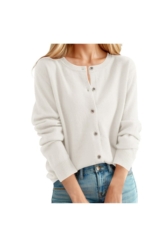 Womens Sweaters Long Sleeve Crewneck Cardigan Sweater Classic Solid Color Button Collar Knit Front Open Trendy Ladies Tops