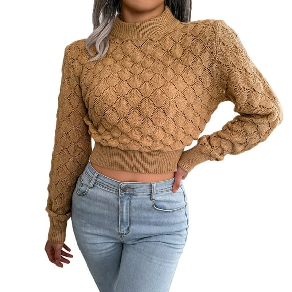 Bibifish Womens Sweaters Mid Neck Cropped Sweaters Long Sleeve Casual Solid Color Pullover Knitted Jumper Top Sweaters For Ladies