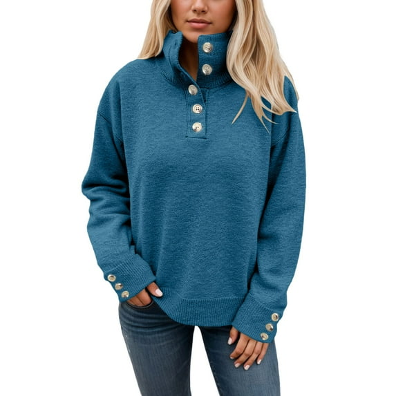 Bibifish Womens Sweaters Soft Knit Long Sleeve Stand Collar Sweaters With Button Detail Oversized Cozy Fall Winter Workout Casual Pullover Tops