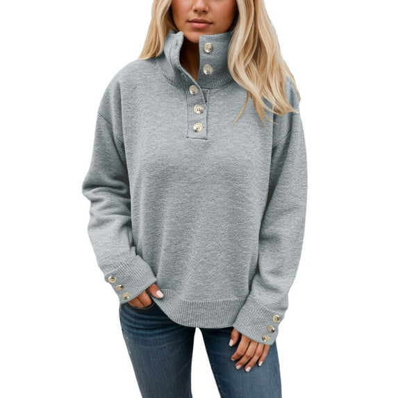Bibifish Womens Sweaters Soft Knit Long Sleeve Stand Collar Sweaters With Button Detail Oversized Cozy Fall Winter Workout Casual Pullover Tops