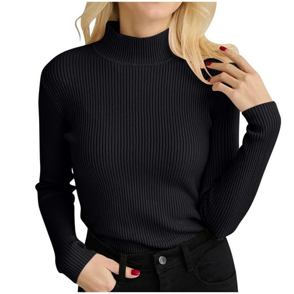 Bibifish Womens Sweaters Soft Ribbed Pullover Turtleneck Pullover Tops Elegant Plain Knitted Slim Fit Long Sleeve Autumn Winter Basic Sweaters